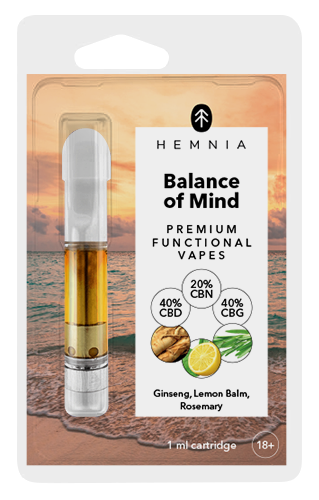 Hemnia Cartridge Balance of Mind - 40 % CBD, 40 % CBG, 20 % CBN, ginseng, citronmeliss, rosmarin, 1 ml