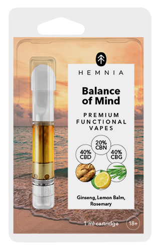 Hemnia Kārtridžs Balance of Mind - 40% CBD, 40% CBG, 20% CBN, žeņšeņs, citronu balzams, rozmarīns, 1 ml