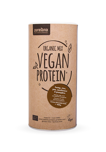 Purasana Vegan Protein MIX BIO 400g κακάο-σοκολάτα (μπιζέλια, ρύζι, κολοκύθα, ηλίανθος, κάνναβη)