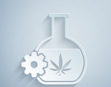 Tubo chimico con olio HHCH da laboratorio e icona di foglia di cannabis 