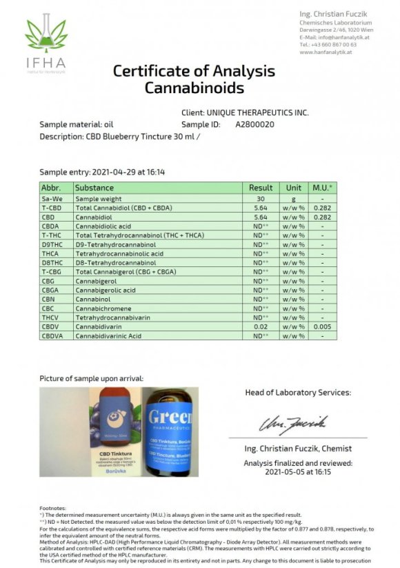 Green Pharmaceutics CBD ブルーベリーチンキ - 5 %、1500 mg、30 ml