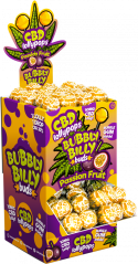 Bubbly Billy Buds 10 mg CBD lizike iz pasijonke z žvečilnim gumijem v notranjosti – razstavna posoda (100 lizik)