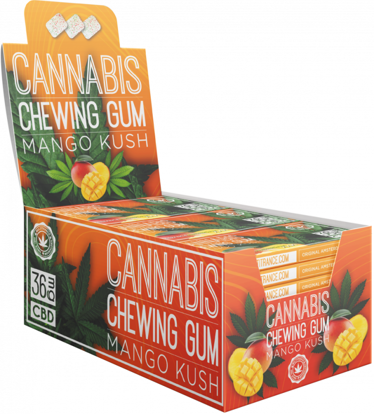 Cannabis Mango rágógumi (36 mg CBD) – Kijelző tartály (24 doboz)