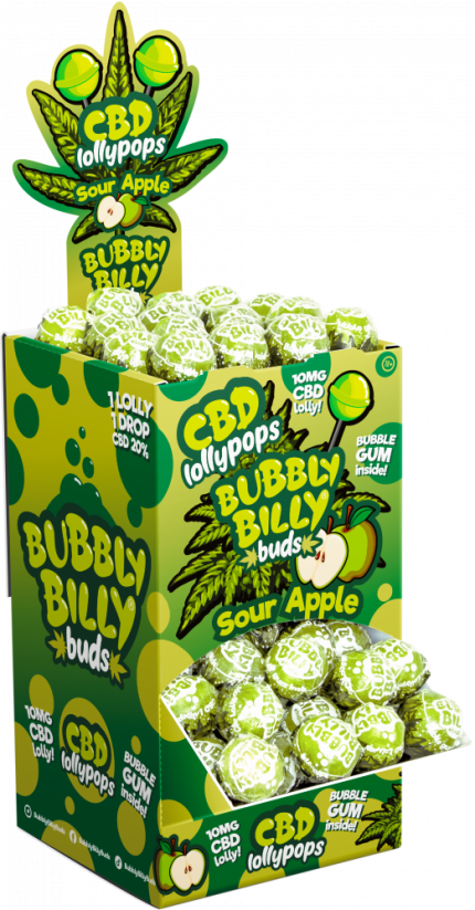 Bubbly Billy Buds 10 mg CBD Loli Apel Asam dengan Bagian Dalam Permen Karet – Wadah Pajangan (100 Loli)