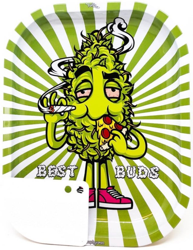 Best Buds Petit plateau à rouler en métal Hungry Pizza avec carte de broyeur magnétique