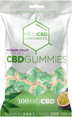 Oursons gommeux CBD aromatisés aux fruits de la passion MediCBD (300 mg), 40 sachets en carton