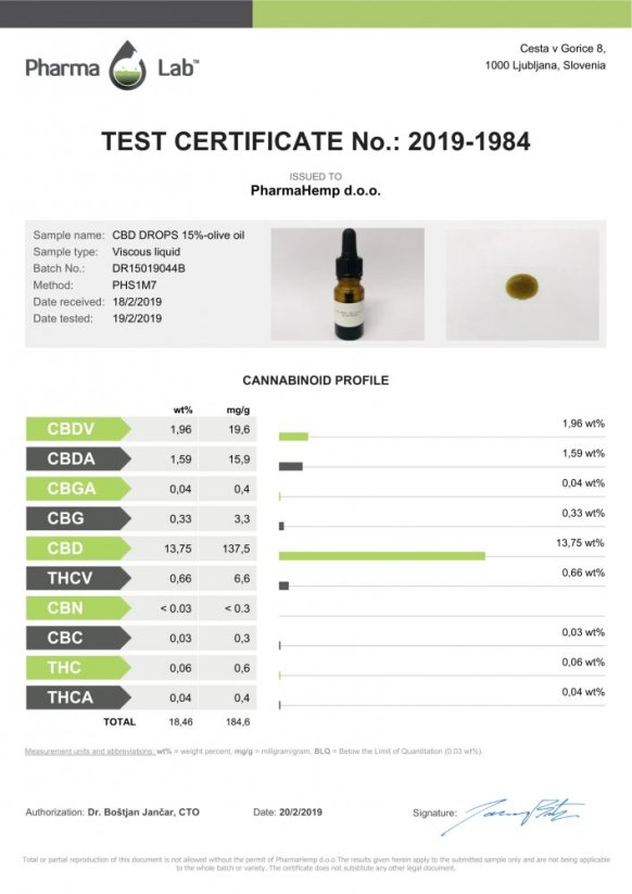 PharmaHemp Picături de CBD ulei de masline, 15%, 10ml, 1500mg
