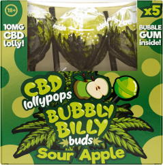 Bubbly Billy Pupoljci 10 mg CBD lizalice od kisele jabuke s žvakom iznutra – poklon kutija (5 lizalica)