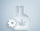 Tubo químico con aceite HHCH de laboratorio e icono de hoja de cannabis 