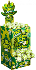 Bubbly Billy Buds 10 mg CBD kyslé jablkové lízanky s žuvačkou vo vnútri – nádoba na displej (100 lízaniek)