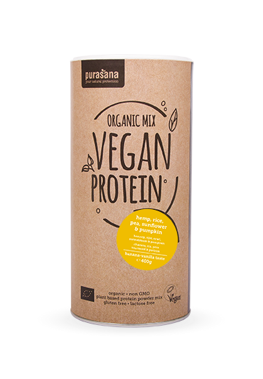 Purasana Vegan Protein MIX BIO 400g banana-vanilija (grah, riž, buča, sončnica, konoplja)