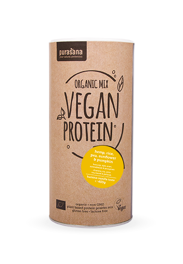 Purasana Vegan Protein MIX BIO 400g banaani-vanilli (herned, riis, kõrvits, päevalill, kanep)