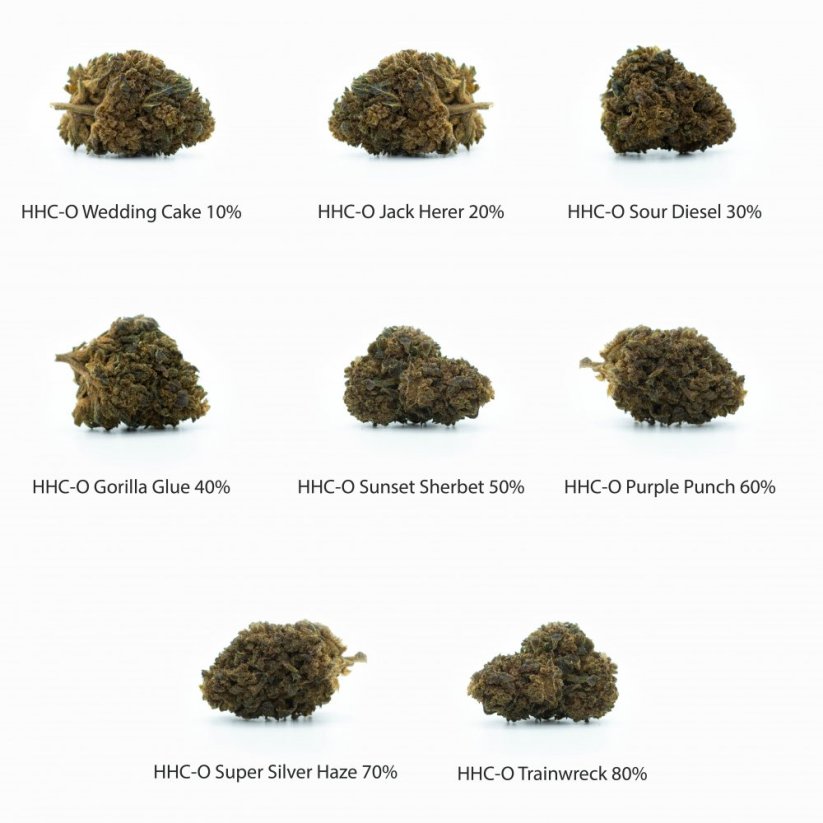 Set de mostre HHCO Flowers - Tort de nuntă 10%, Jack Herer 20%, Sour Diesel 30%, Gorilla Glue 40%, Sunset Sherbet 50%, Purple Punch 60%, Super Silver Haze 70%, Trainwreck 80% - 8 x 1 g