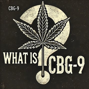 Witte tekst: Wat is CBG9 op een zwarte achtergrond, een cannabisblad en een wit vraagteken erachter