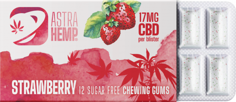 Astra Hemp Strawberry Hamp Chewing Gum (17 mg CBD), 24 laatikkoa esillä