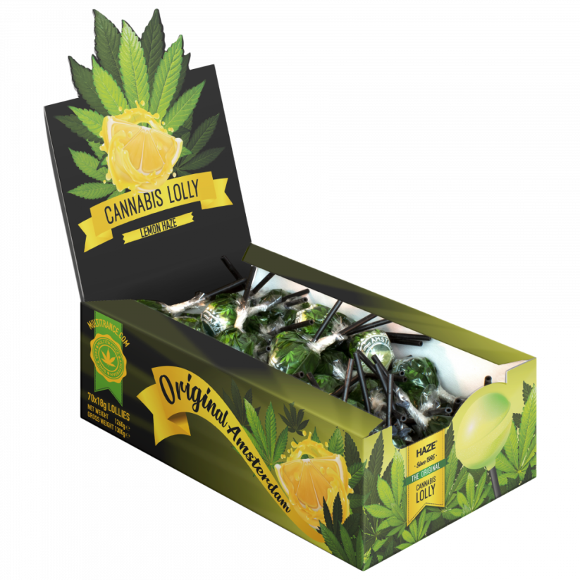 Cannabis Lemon Haze lizike – razstavna škatla (70 lizik)