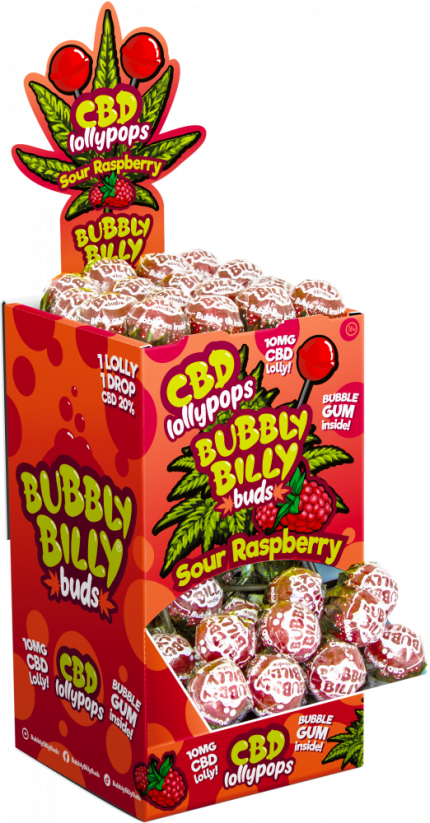 Bubbly Billy Buds 10 mg lecca lecca al lampone acido CBD con gomma da masticare all'interno – Contenitore espositivo (100 lecca lecca)