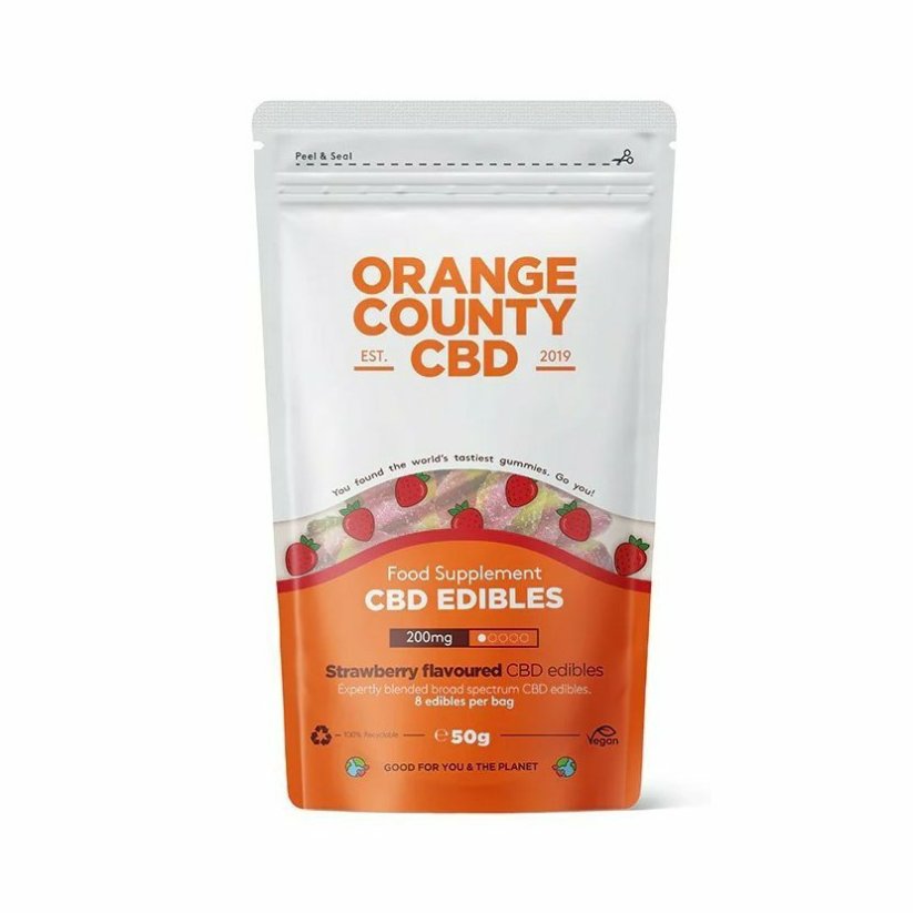 Orange County CBD Jarðarber, ferðapakki, 200 mg CBD, 8 stk, 50 g