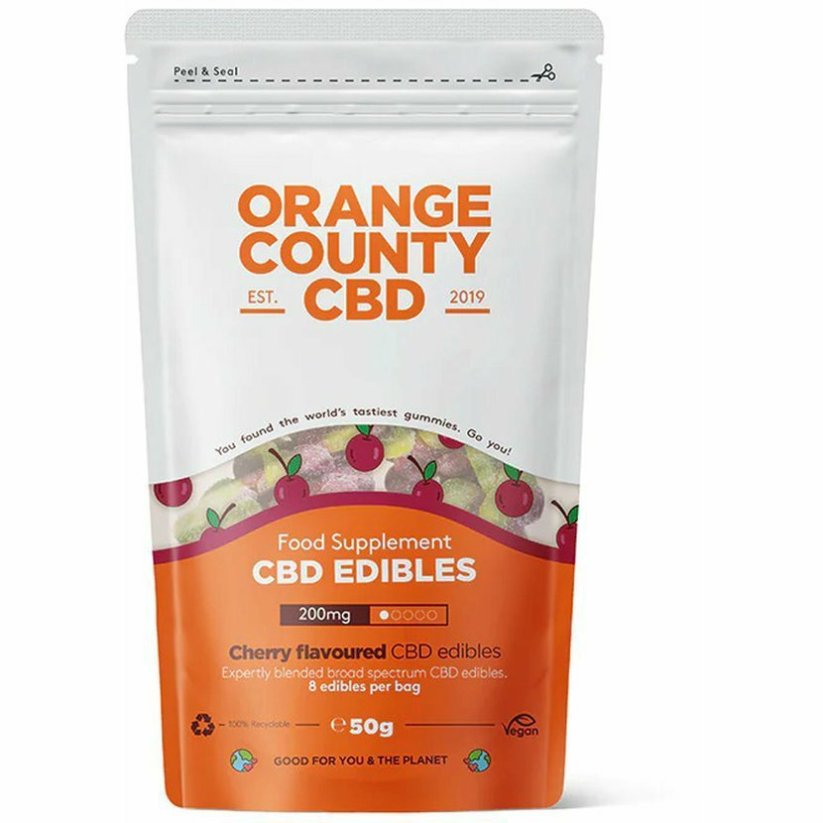 Orange County CBD Cherries, cestovné balenie, 200 mg CBD, 12 ks, 50 g