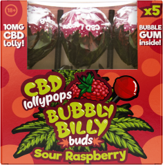 Bubbly Billy Buds 10 mg CBD sura hallonlollor med bubbla inuti – presentförpackning (5 lollies)