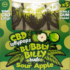 Bubbly Billy Пъпки 10 mg CBD близалки с кисела ябълка с дъвка вътре – подаръчна кутия (5 близалки)