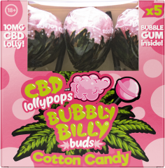 Bubbly Billy Пъпки 10 mg CBD захарен памук близалки с дъвка вътре – подаръчна кутия (5 близалки)