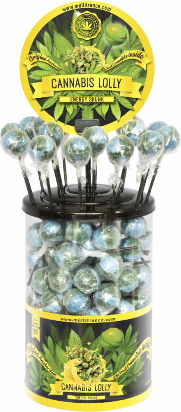 „Cannabis Energy Skunk Lollies“ – vitrininis konteineris (100 saldainių)