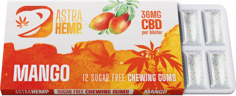 Жувальна гумка Astra Hemp Mango (36 мг CBD), 24 коробки на дисплеї