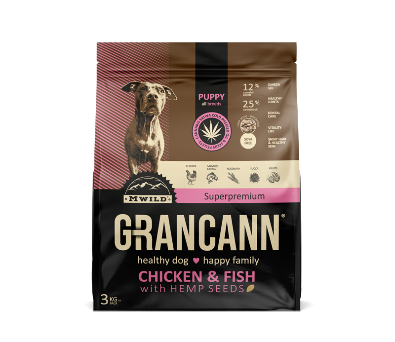 Grancann Пиле и риба с конопени семена - Конопена храна за кученца от всички породи, 3 кг