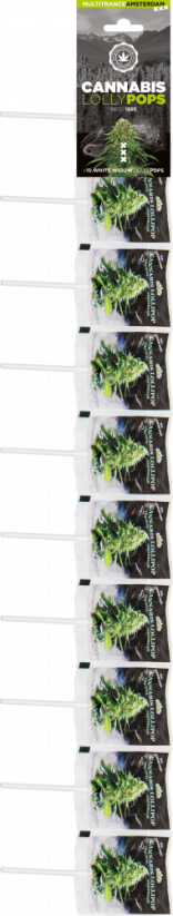 კანაფის თეთრი ქვრივის ლოლიპოპები – ზოლები (10 ლოლი), 25 ზოლი მუყაოს კოლოფში
