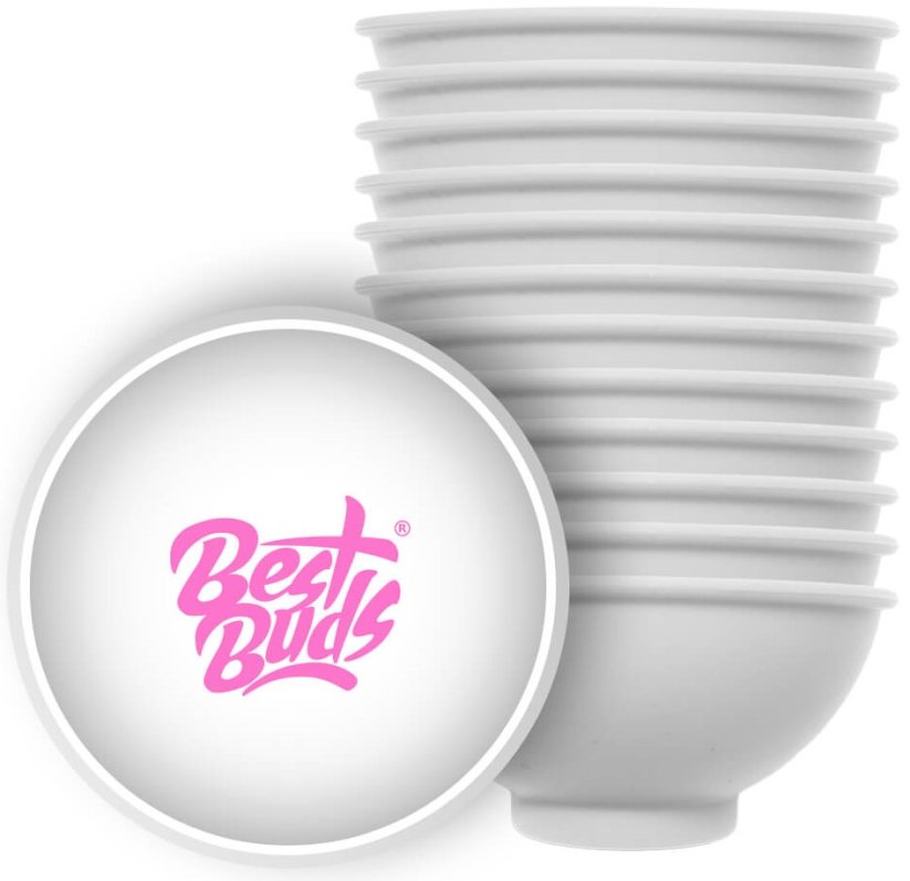 Best Buds Silikon-Rührschüssel 7 cm, weiß mit rosa Logo