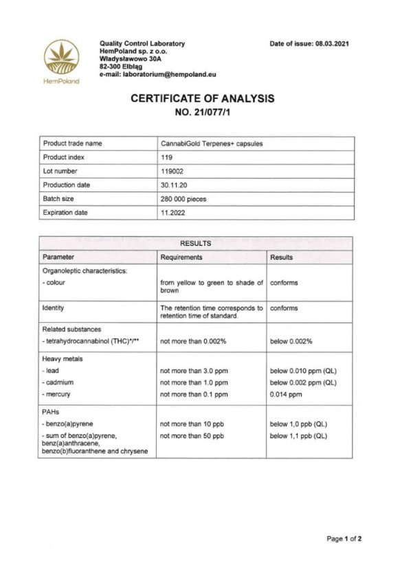 CannabiGold Terpenes+ CBD hylki 60 x 10mg