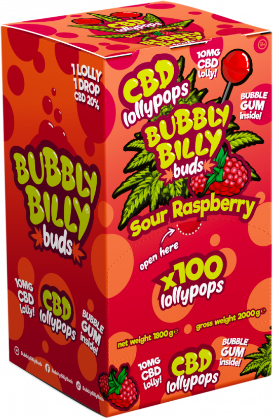 Bubbly Billy Buds 10 mg CBD Sour Raspberry Lollies with Bubblegum Inside – Display Container (100 Lollies)