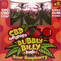 Bubbly Billy Nụ 10 mg CBD Kẹo mâm xôi chua với kẹo cao su bên trong – Hộp quà tặng (5 kẹo)