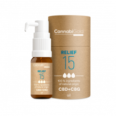 CannabiGold olej Relief 15 % (13,5 % CBD, 1,5 % CBG), 1800 mg, 12 ml