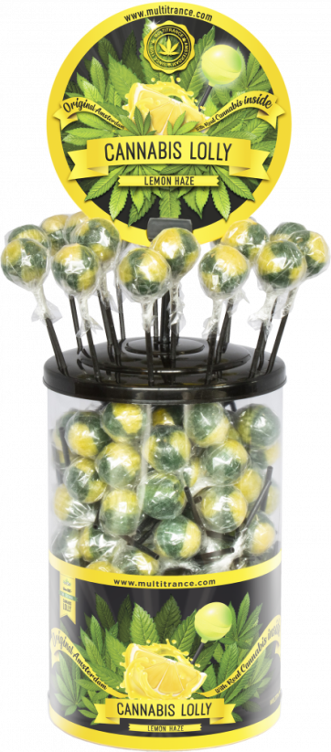 Cannabis Lemon Haze Lollies – vitrininis konteineris (100 saldainių)