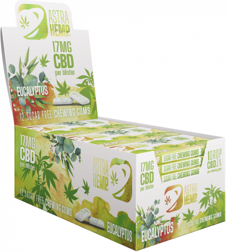 Chewing-gum Astra Chanvre Eucalyptus (17 mg CBD), 24 boîtes en présentoir