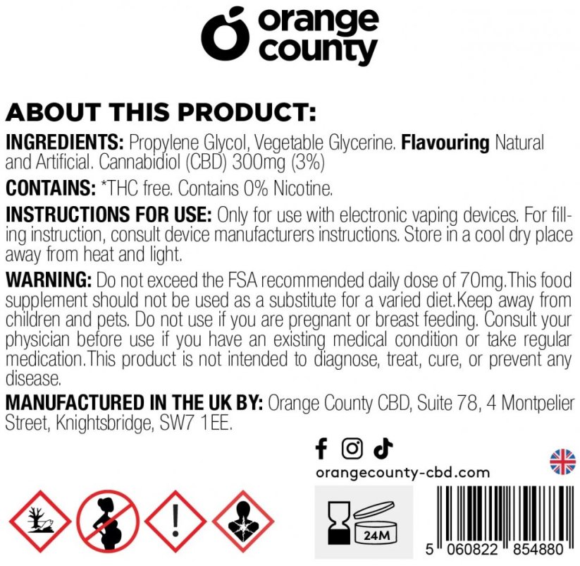 Orange County CBD E-Liquid Frawli u Ġir, CBD 300 mg, 10 ml