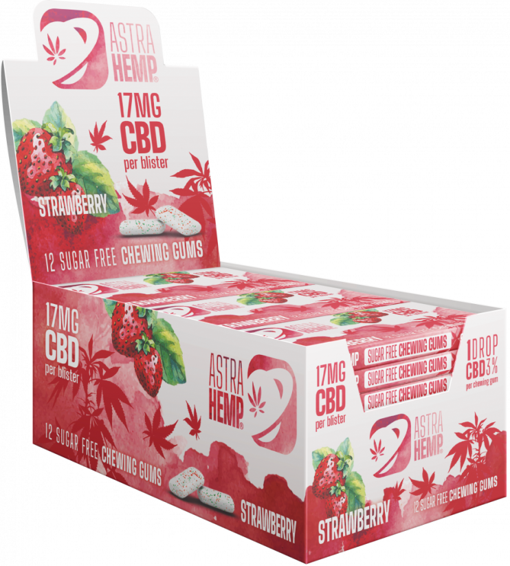 Astra Hemp Strawberry Hamp Chewing Gum (17 mg CBD), 24 laatikkoa esillä
