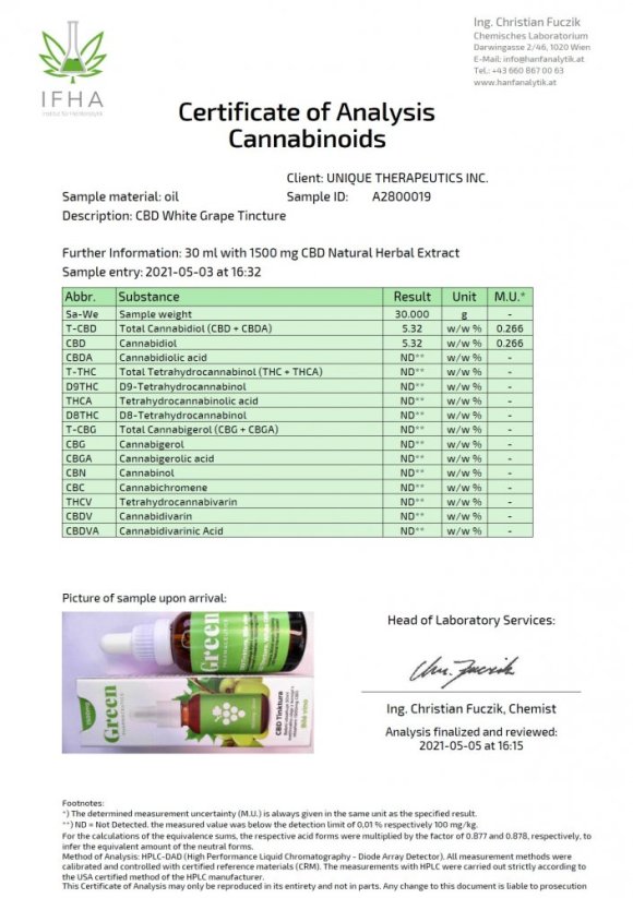 Green Pharmaceutics CBD Бяла Гроздов Тинктура - 5 %, 1500 мг, 30 мл