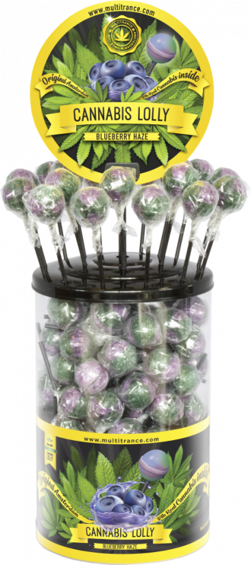 Cannabis Blueberry Haze Lollies – vitrininis konteineris (100 saldainių)