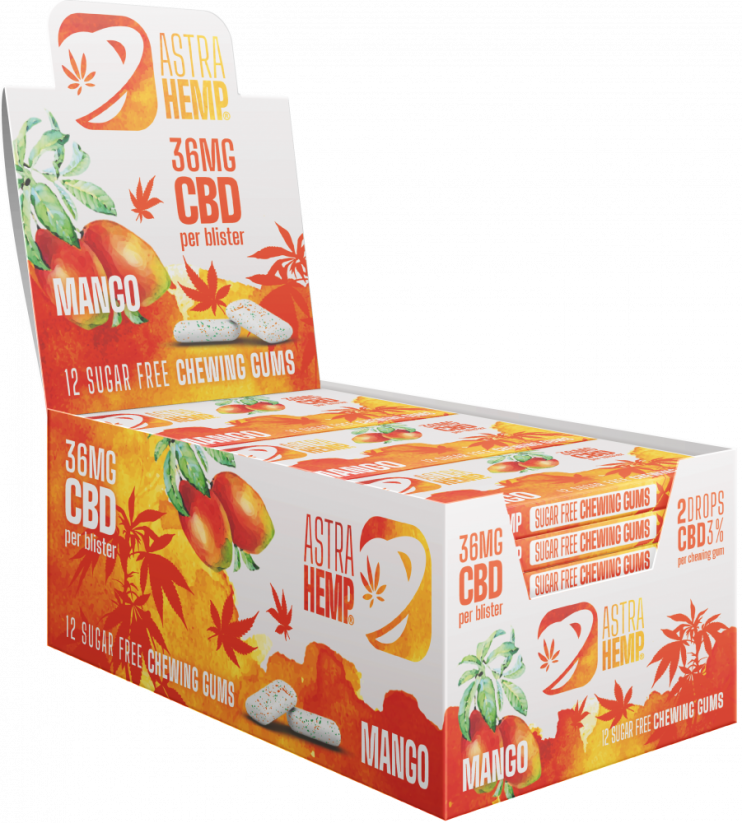 Gumă de mestecat Astra Hemp Mango (36 mg CBD), 24 de cutii expuse
