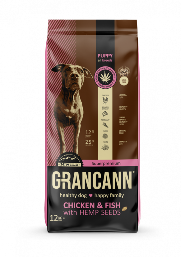 Grancann Pollo y pescado con semillas de cáñamo - Alimento de cáñamo para cachorros de todas las razas, 12 kg