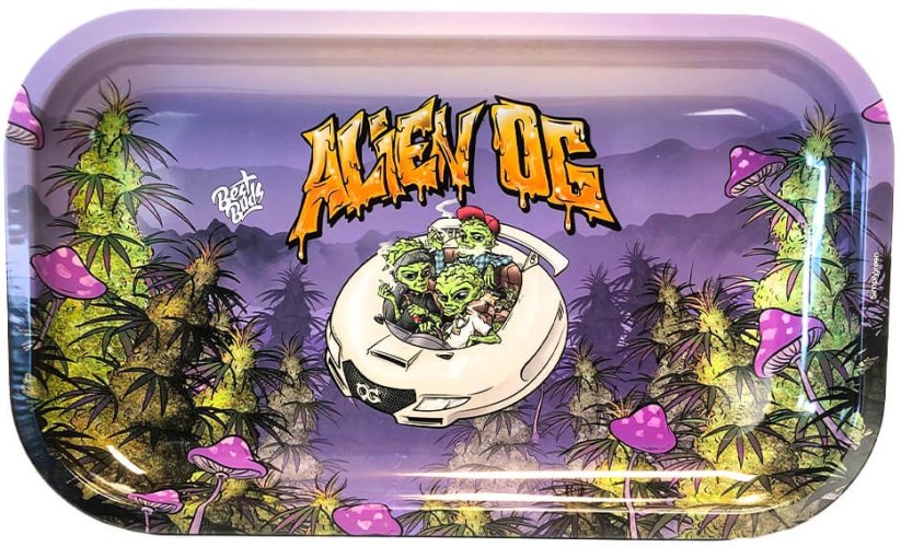 Best Buds Alien OG Metal Rolling Tray pitkä, 16x27 cm