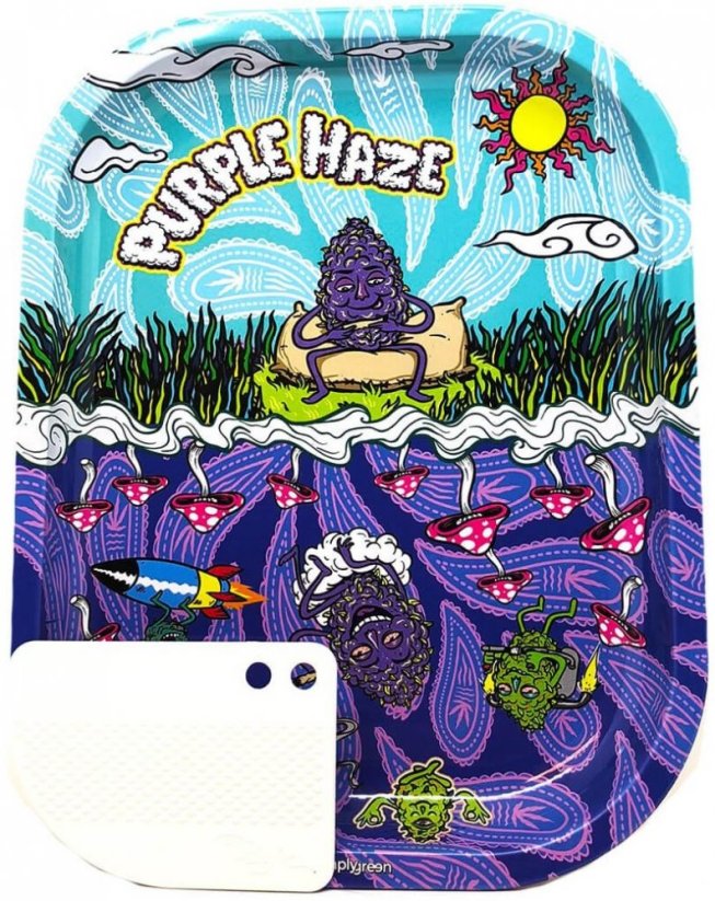 Best Buds Purple Haze Small Metal Rolling Tray with Magnetic Grinder Card