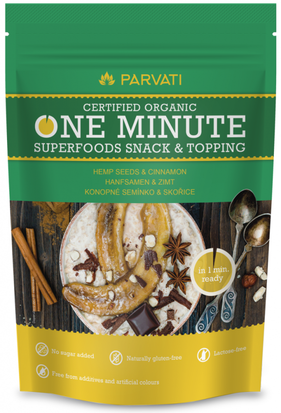 Parvati One Minute Snack & Topping – kaņepju sēklas un kanēlis 300g
