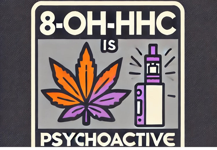 Text: 8-OH-HHC is psychoactive, cannabis leaf and vaporizer