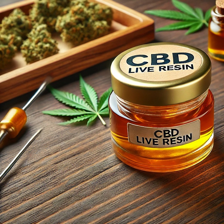 Recipient sigilat de rășină CBD vie, cu text pe recipient: CBD live resin, frunze de cânepă și muguri de cânepă tehnică