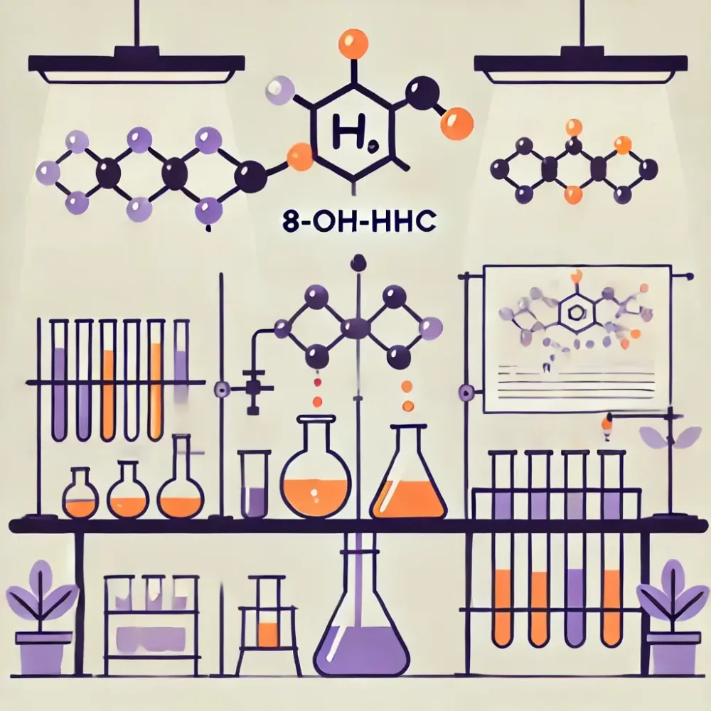 Ilustrēta laboratorija, kurā veidojas 8-OH-HHC, molekulu, trauku un vārglāžu ilustrācija, teksts: 8-OH-HHC