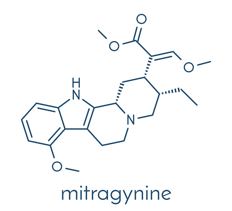 Molekulárny vzorec mytragynínu, ktorý je obsiahnutý v kratome